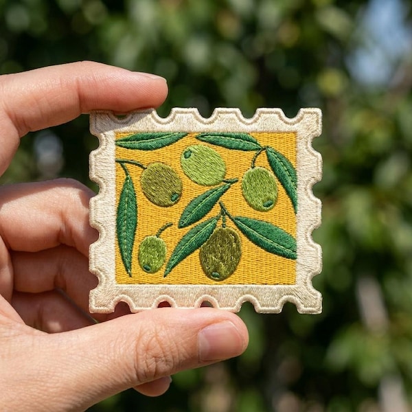 Olive Branch Travel Stamp Patch, Vintage Botanical Iron On Patch, Retro Olive Fruit Badge, Cottagecore Garden Jacket Decor