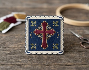 Ornate Cross Embroidered Patch, Catholic Religious Iron On Badge, Christian Botanical Gift for Bags