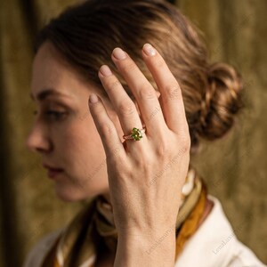 Pear-Shaped Peridot Engagement Ring, Gold Vermeil August Birthstone Ring with Baguette Accents, Dainty Lime Green Promise Ring