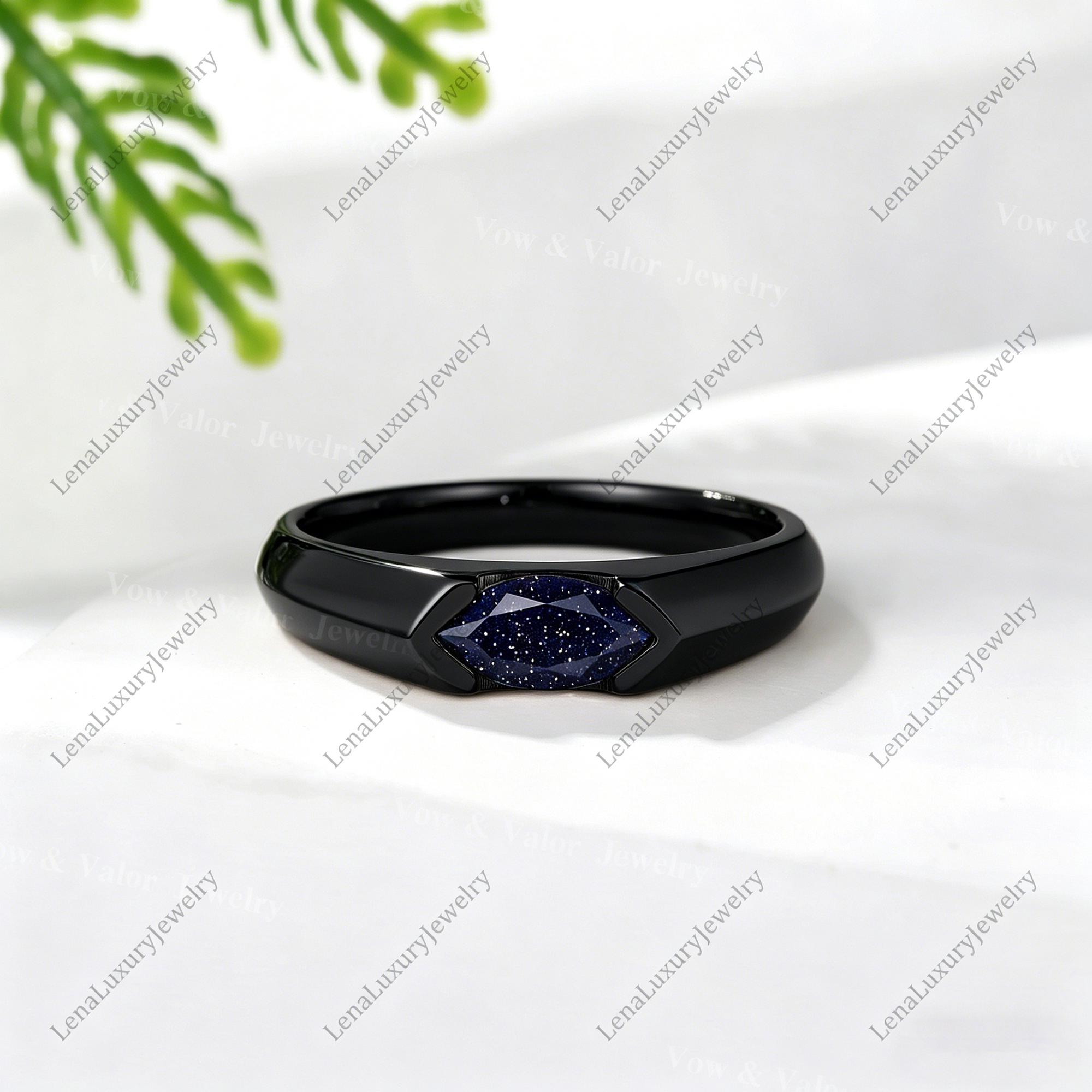 Sleek Gold Blue Sandstone Band | Modern Starry Gem Ring Gift for