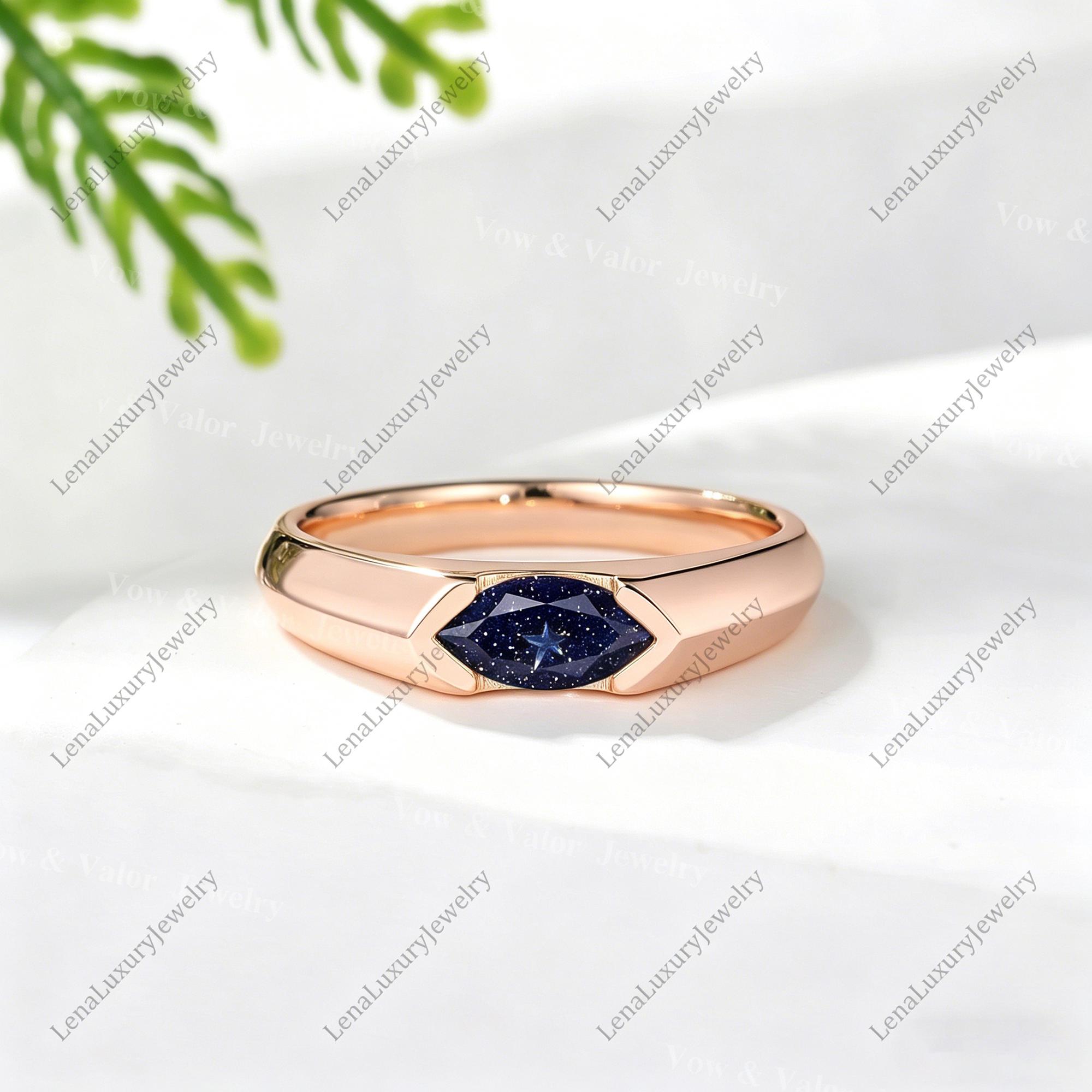 Sleek Gold Blue Sandstone Band | Modern Starry Gem Ring Gift for