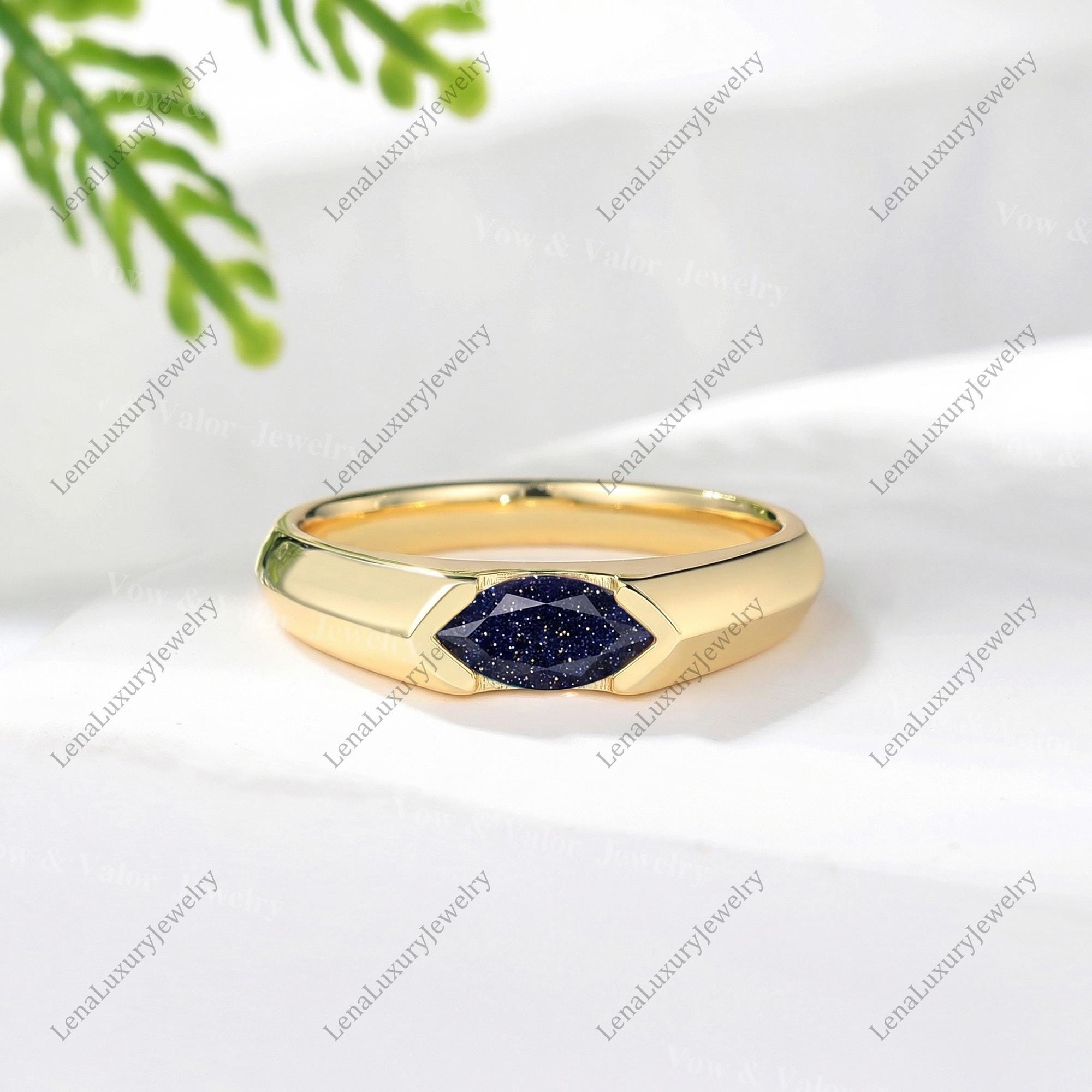 Sleek Gold Blue Sandstone Band | Modern Starry Gem Ring Gift for