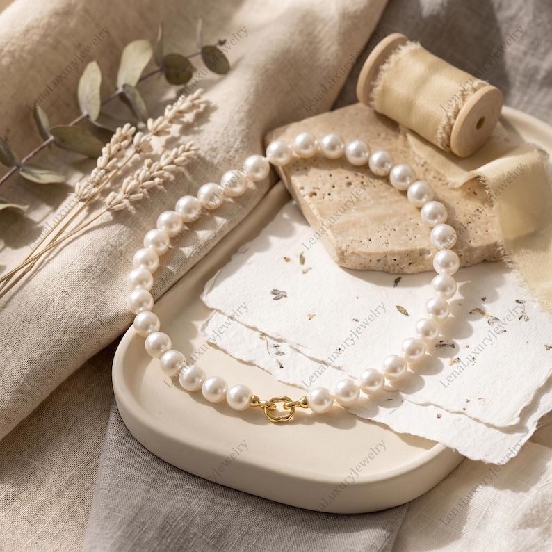 Shell Real Charms White Shell Pearl Necklace, Elegant Bridal Choker, Minimalist Everyday ...