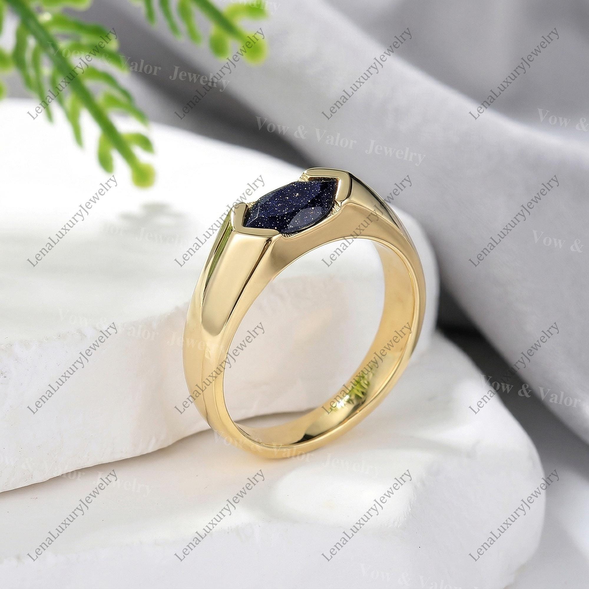 Sleek Gold Blue Sandstone Band | Modern Starry Gem Ring Gift for