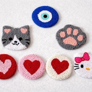 Handmade Punch Needle Coaster | Heart Evil Eye and Cat Paw Pattern, Decorative & Gift