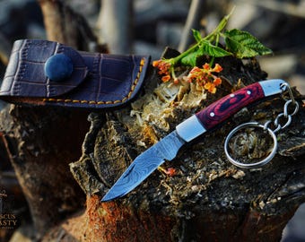 Handgemaakte damastmessleutelhanger – mini opvouwbaar zakmes en briefopener