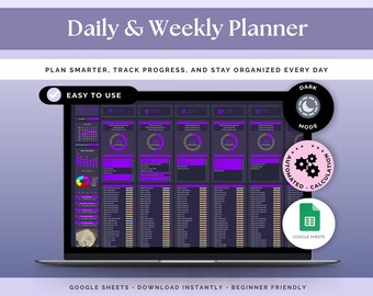 Wekelijkse en dagelijkse planner Donkere modus Dagelijks schema Google Spreadsheets ADHD-takenchecklist Spreadsheet Wekelijkse tijdblokkering Productiviteitssjabloon