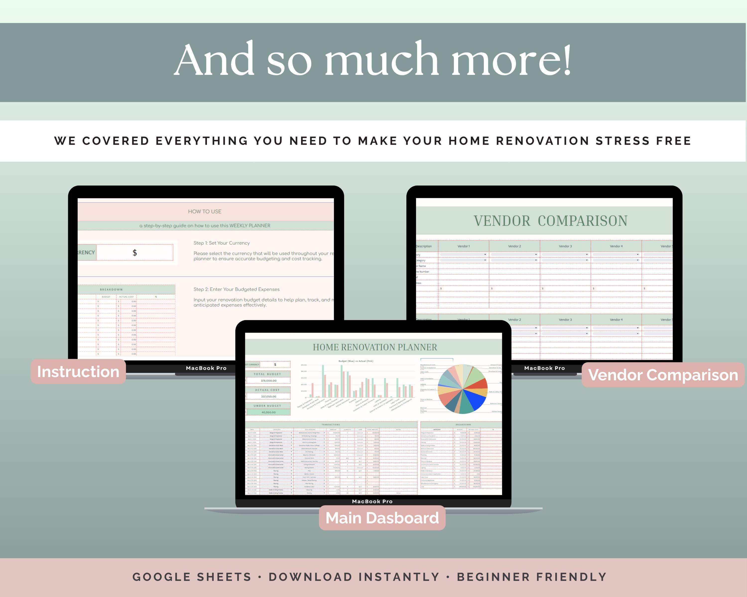 Home Renovation Budget Planner for Google Sheets | DIY Remodel Tracker ...