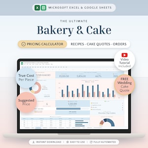 Könnte beinhalten: Eine digitale Tabellenkalkulationsvorlage für Microsoft Excel und Google Sheets mit dem Titel The Ultimate Bakery & Cake Pricing Calculator. Die Benutzeroberfläche zeigt Finanz-Dashboards, Balkendiagramme, Tortendiagramme und Tabellen zur Verfolgung von Ausgaben, Einnahmen und Gewinnen für ein Bäckereiunternehmen.
