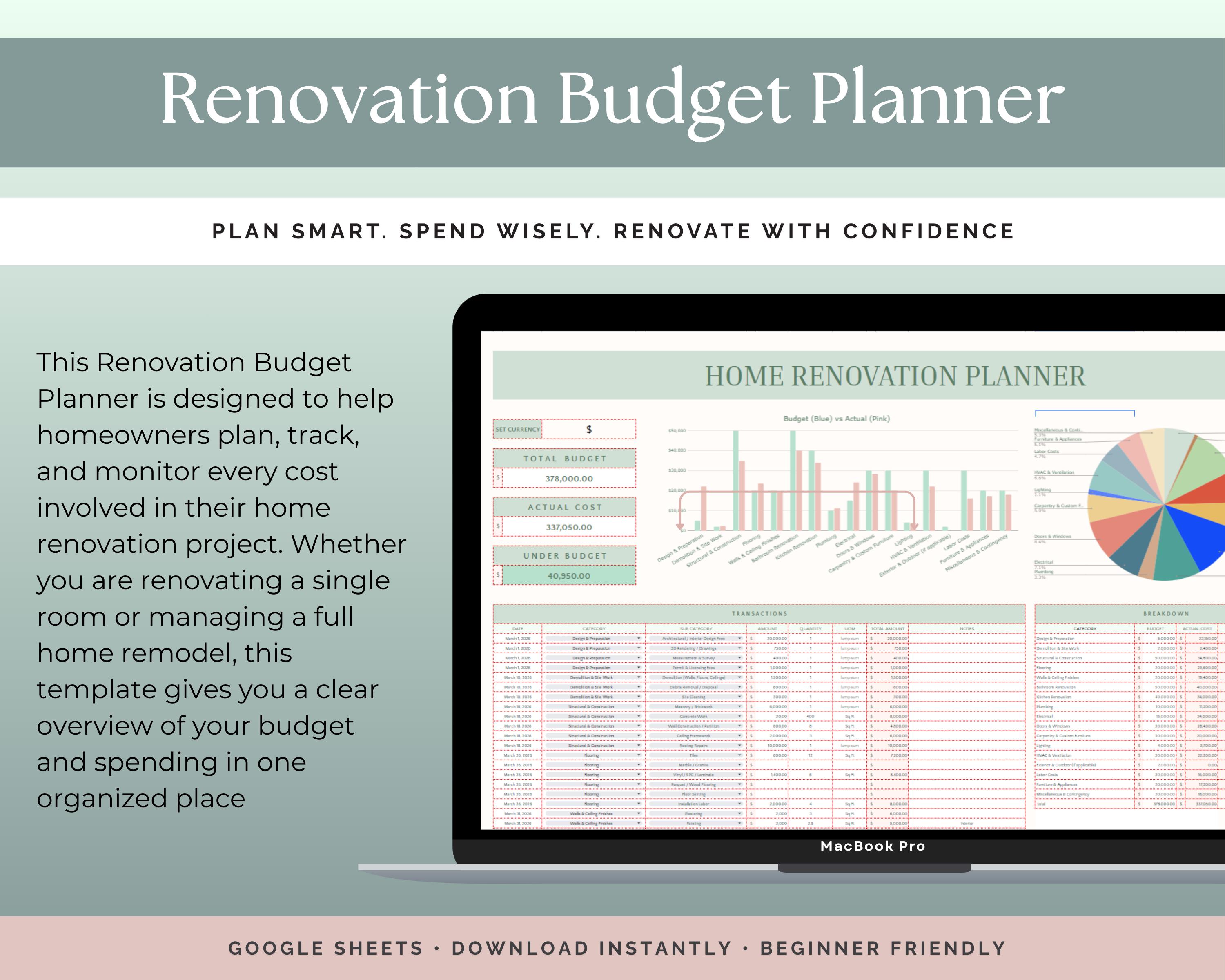 Home Renovation Budget Planner for Google Sheets | DIY Remodel Tracker ...
