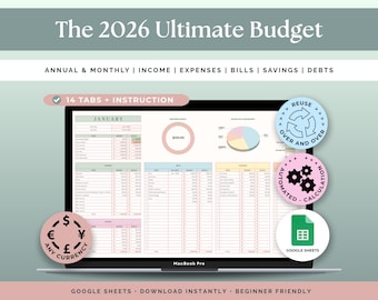Ultieme jaarbegrotingsspreadsheet Google Spreadsheets | Maandelijkse budgetplanner | Bill Tracker, kostendebt- en spaartracker, sjabloon nettowaarde