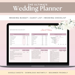 May include: A laptop displaying a wedding planner template with sections for budget, guest list, and checklist. The screen shows a detailed budget breakdown with categories and estimated costs. The text "The Ultimate Wedding Planner" is at the top.