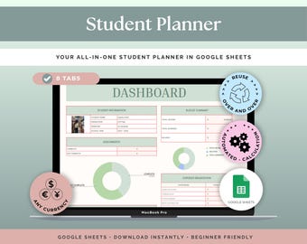 Studentplanner toewijzingstracker-spreadsheet | Academische studieplanner hogeschool en universiteit | Google Spreadsheets voor lessen en cursussen