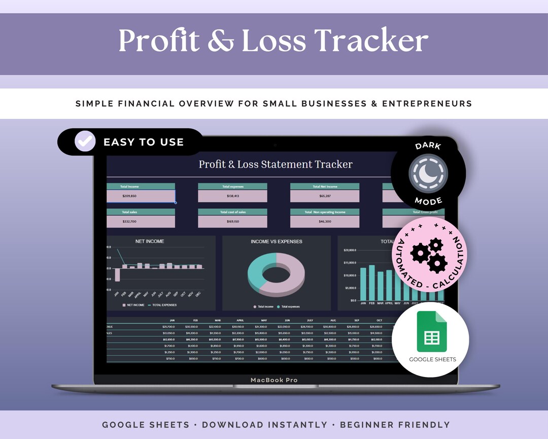 Profit and Loss Template Dark Mode Google Sheets | PL Spreadsheet ...