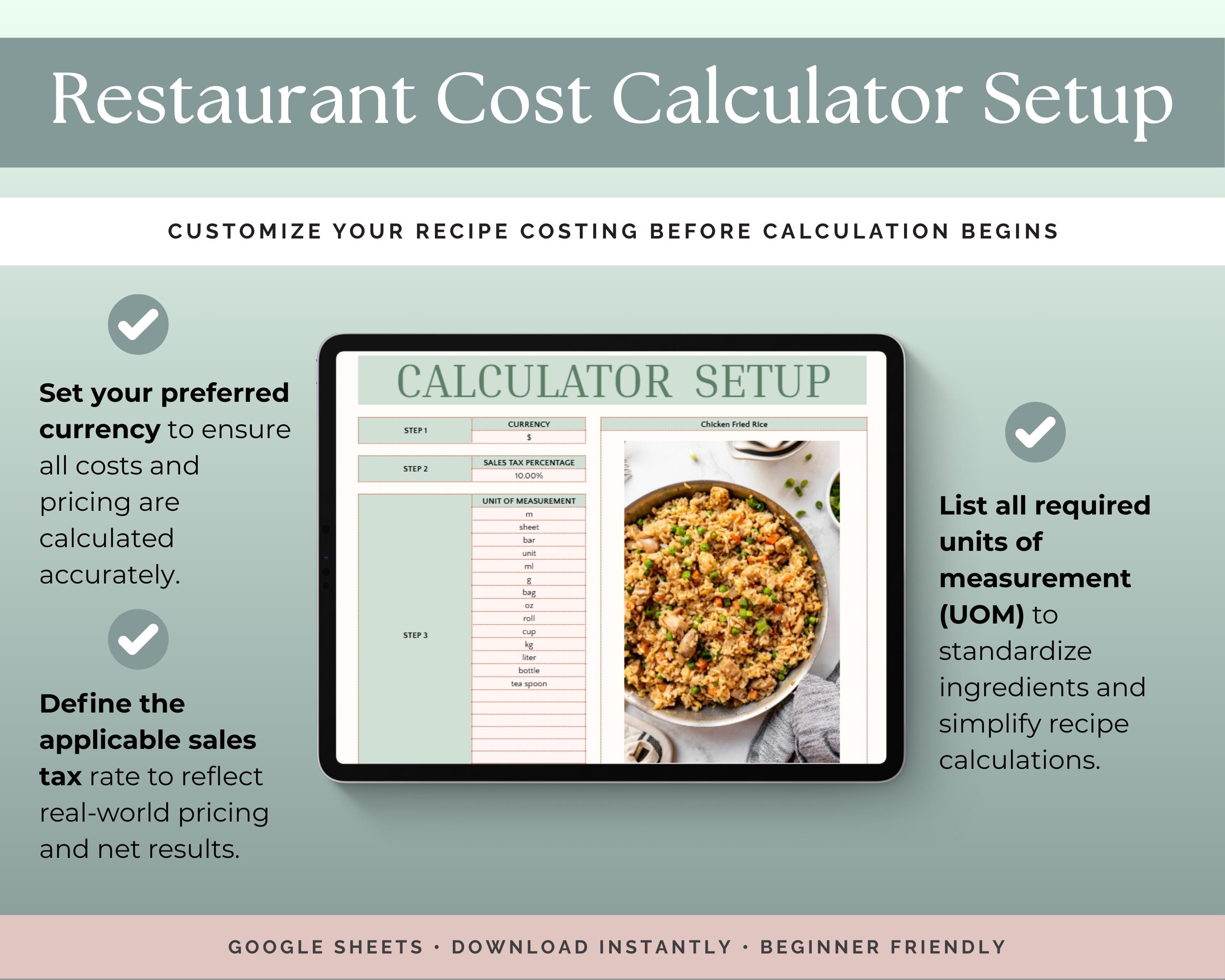 Restaurant Recipe and Food Cost Calculator Google Sheets | Menu Pricing ...