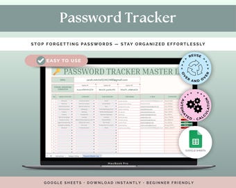 Wachtwoordtracker-spreadsheet | Wachtwoordmanager Google Spreadsheets | Inlogorganizer en accounttracker | Sjabloon voor veilig wachtwoordlog