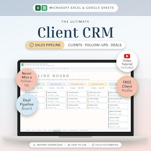 Client CRM Spreadsheet, Sales Pipeline Tracker Google Sheets Excel Template, Lead Follow-Up Log, Small Business Customer Database