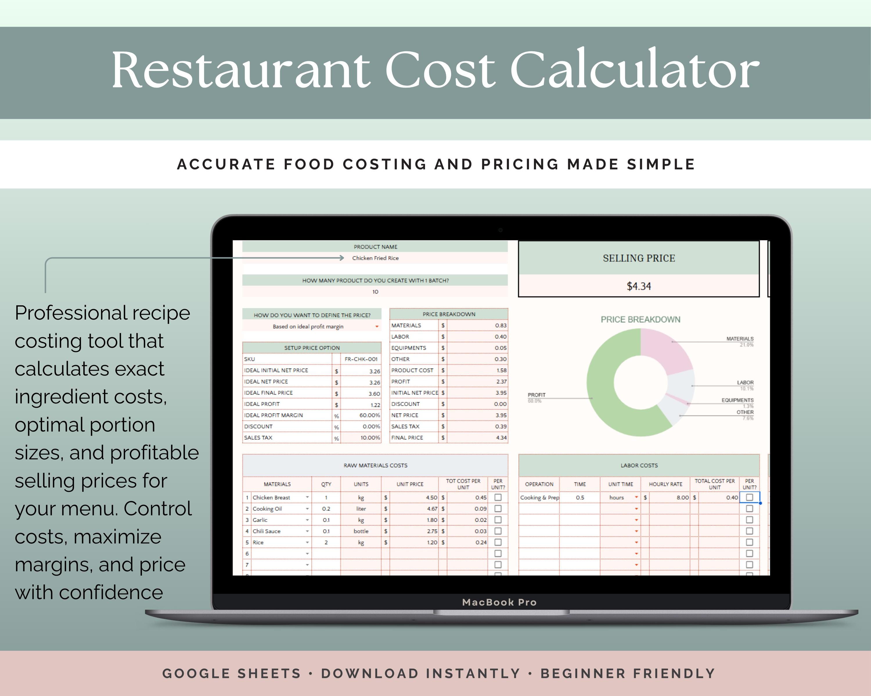 Restaurant Recipe and Food Cost Calculator Google Sheets | Menu Pricing ...