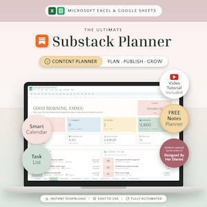 May include: A digital Substack planner displayed on a laptop screen, featuring a dashboard with sections for content planning, tasks, and subscriber metrics. The interface includes text labels like The Ultimate Substack Planner, Smart Calendar, Task List, and Video Tutorial Included, presented in a clean, organized layout.