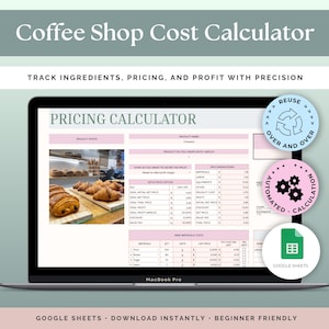 コーヒーショップのコスト計算ツール | レシピの原価計算と価格設定テンプレート | カフェ、ベーカリー、レストランのメニュー利益のための食材費スプレッドシート