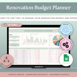 Budgetplanner voor woningrenovatie voor Google Spreadsheets | Tracker voor doe-het-zelvers | Budgetspreadsheet voor woningverbetering