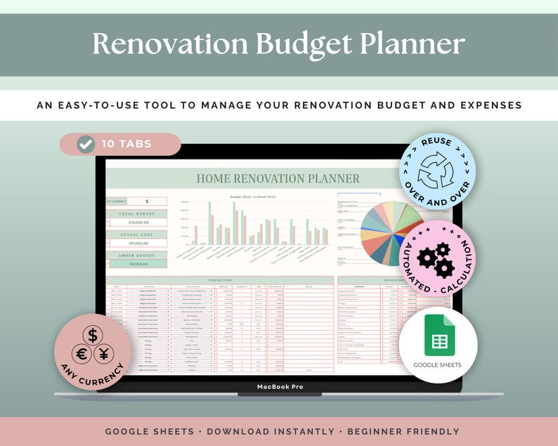 Home Renovation Budget Planner for Google Sheets | DIY Remodel Tracker ...
