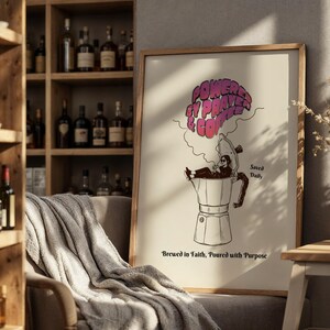 Impulsado por la oración y el café, regalo cristiano para amantes del café, póster retro para cocina, decoración fe divertida para el hogar