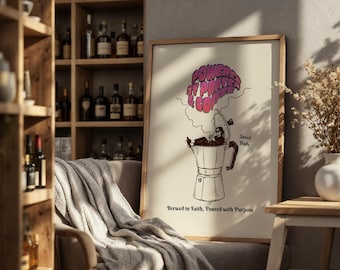 Powered By Prayer And Coffee, Christian Coffee Lover Gift, Retro Kitchen Poster, Fun Faith Home Decor