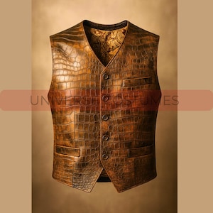 Puede incluir: Un chaleco de cuero marrón con textura de piel de cocodrilo. El chaleco tiene cuello en V, cuatro botones y dos bolsillos delanteros. El forro interior presenta un estampado de cachemira dorado. El texto "UNIVERSAL COSTUMES" es visible.