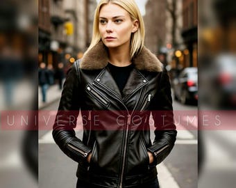 Handmade Black Leather Biker Jacket • Fur Collar Moto Coat