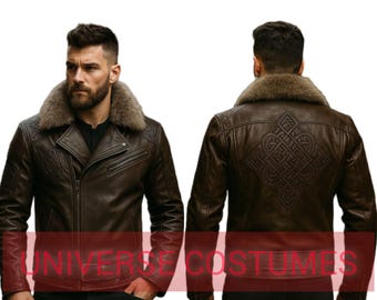 Men’s Viking Leather Biker Jacket • Nordic Knotwork, Detachable Fur Collar