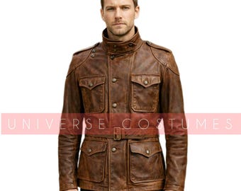 Men's Rustic Brown Leather Military Jacket - Vintage Field Jacket, Belted Leather Coat, Handmade Distressed Leather Outerwear