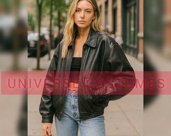 Jaqueta bomber feminina de couro oversized estilo anos 90 – modelagem folgada