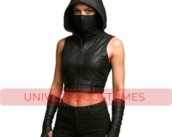 Ninja Hooded Leather Crop Top | Ninja Warrior Vest, Cyberpunk Cosplay, Post Apoc Active Wear