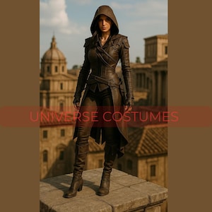 Pode incluir: Um traje de couro marrom com uma capa com capuz, mangas compridas e calças combinando. O traje inclui luvas e botas. O texto "UNIVERSE COSTUMES" é exibido na imagem. A roupa é usada em uma superfície de pedra com um cenário urbano.