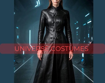 Women’s Black Leather Long Coat | Cyberpunk Trench Coat | Full-Length Matrix Style Jacket | Gothic Fashion
