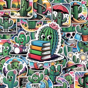 May include: A collection of colorful cactus stickers with various designs. Some stickers feature cacti with sunglasses, hats, and holding items like books, umbrellas, and musical instruments. The stickers have a cartoon style with bright colors and bold outlines.