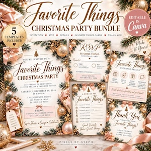 May include: A Christmas party bundle featuring five editable templates with gold and rose gold ornaments, pine branches, and ribbons. The text includes Favorite Things Christmas Party, RSVP, exchange details, and thank you notes with event information.