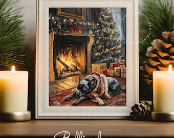 May include: Framed print of a black dog wearing a red scarf, lying in front of a fireplace and Christmas tree. The print is in a white frame, with the text "Bellingham PRINTS" at the bottom. The scene is warm and festive.