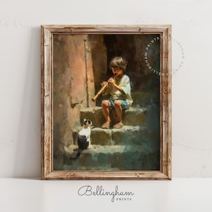 Peut inclure: Impression d'art encadrée d'un jeune musicien jouant de la flûte sur des marches en pierre, avec un chat noir et blanc. L'œuvre d'art a un style vintage avec des tons chauds et terreux. Le logo Bellingham Prints est en bas.