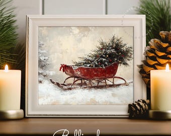 Vintage Red Sleigh Christmas Tree Print – Rustic Winter Wall Art (Digital Download)