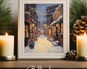 May include: A framed print of a snowy European street scene at night, illuminated by string lights and street lamps. The artwork features a cobblestone street, snow-covered buildings, and festive decorations. The frame is white, and the print is surrounded by candles and pinecones.