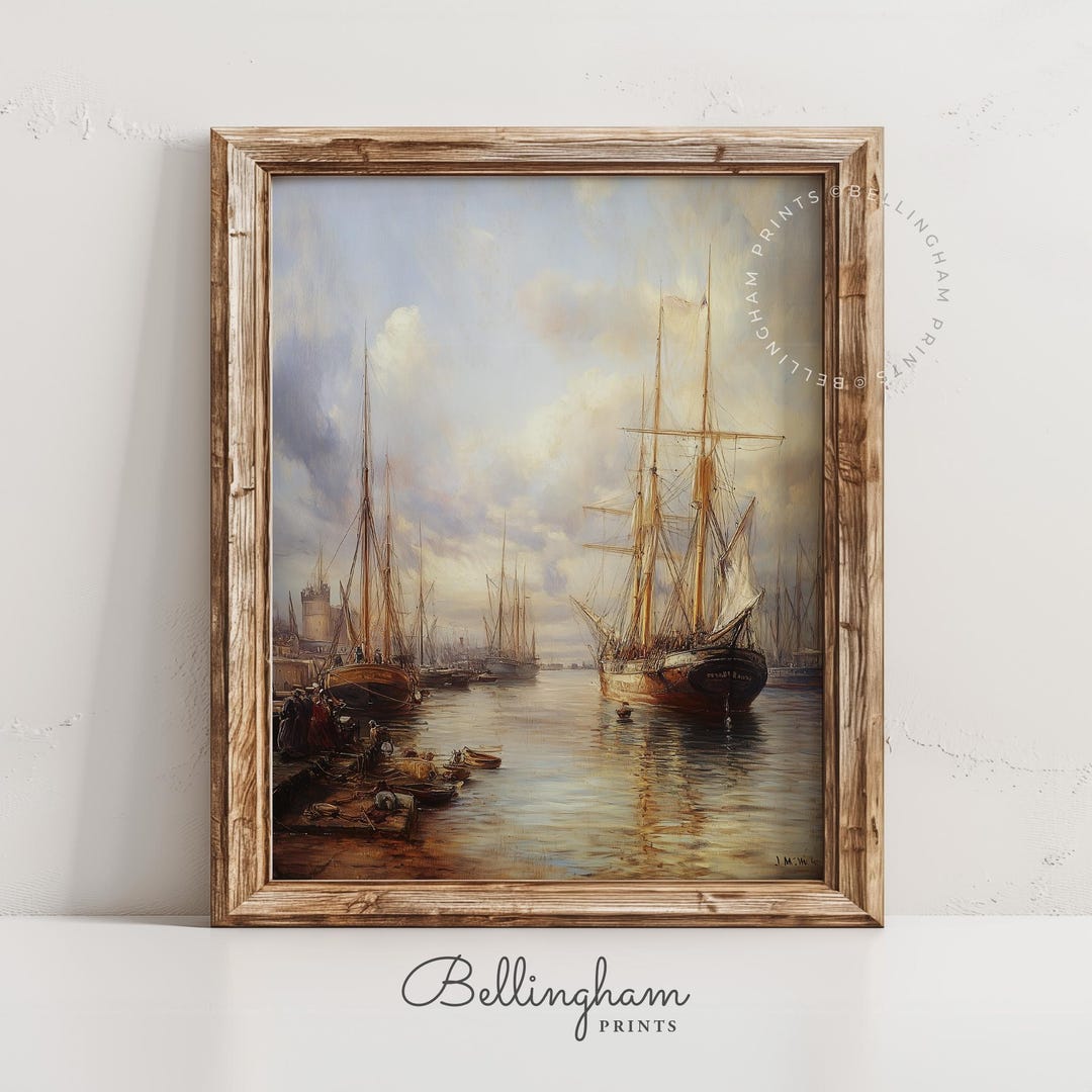 Vintage Harbor Sailing Ships Print – 19th Century Maritime Coastal Wall ...