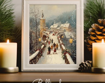 Vintage Winter Village Bridge Print – Holiday Snow Scene (Digital Download)