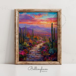 Southwestern Desert Trail Art, Saguaro Cacti Sunset Landscape Painting (Digital Download)