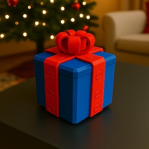Op de afbeelding: Een blauwe geschenkdoos met een rode strik en lintdetails. De doos staat op een donkere ondergrond, met een kerstboom en lichtjes op de achtergrond. Feestelijk vakantiethema.