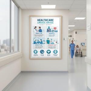 Peut inclure: Dans un couloir d'hôpital, une affiche encadrée affiche "Healthcare & Medical Services". L'affiche comprend des icônes et du texte sur les soins primaires, le diagnostic, les soins spécialisés et les soins d'urgence. Un professionnel de la santé marche dans le couloir.