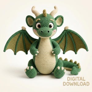 May include: A handmade green and beige crochet dragon with large eyes, horns, and wings. The dragon is sitting with its arms and legs outstretched. The text "DIGITAL DOWNLOAD" is visible in the lower right corner.