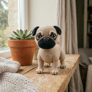 Mops virkmönster, realistisk amigurumi mops PDF, presentidé för hundälskare, handledning för gosedjur
