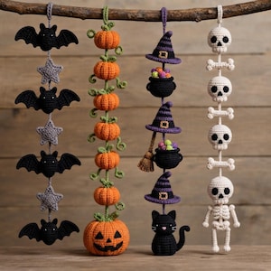 May include: Four vertical crochet garlands hanging from a branch. The first features black bats and grey stars. The second has orange pumpkins with green vines. The third displays purple witch hats, black cauldrons, and a black cat. The fourth has white skulls and bones.